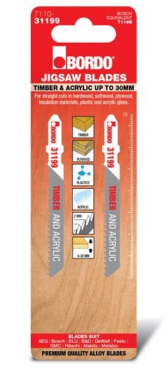 BORDO JIG SAW HCS T-SHANK STRAIGHT CUT 75MM TIMBER/ACRYLIC 2 PK